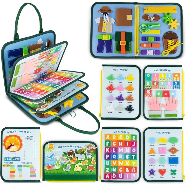 Servieta fetru Montessori Busy Board, set 8 panouri senzoriale, multicolora, 30x40cm