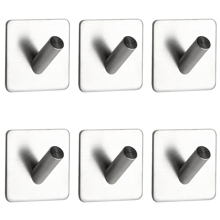 Set 6 agatatori pentru baie, inox, adezive, argintiu