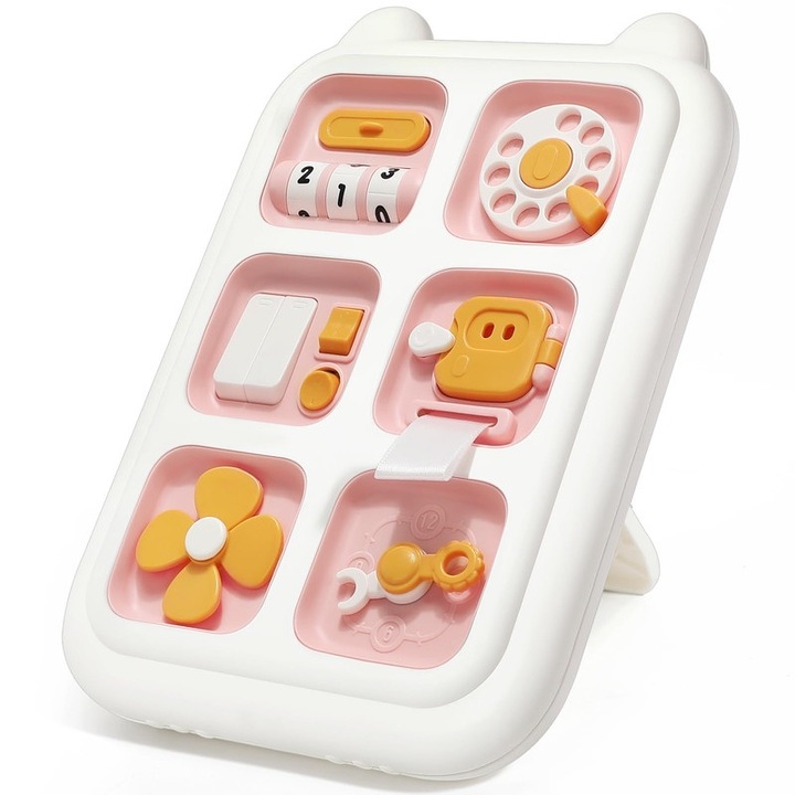 Tabla educativa 6 in 1, jucarie Montessori, activitati senzoriale, Roz, 12-36 luni