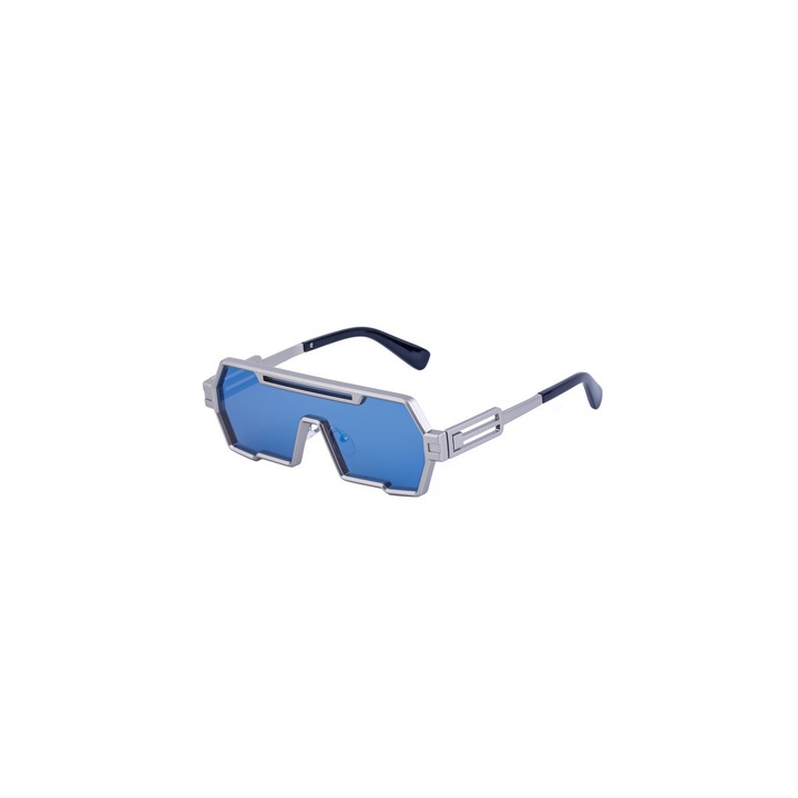 Ochelari de soare retro steampunk, unisex, protectie UV400, cadru metalic argintiu, lentile albastre, dimensiuni 144x61x49mm