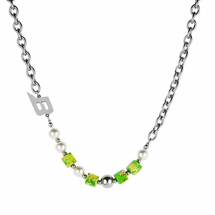 Nyaklánc, B betűvel, nyári design, zöld ezüsttel, 50cm, férfi és női ékszer szett