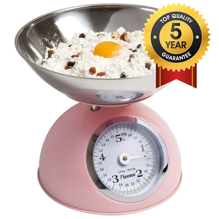 Bestron DKW700SD Konyhai mérleg, kapacitás 5kg, 20g pontosságú, retro design, rozsdamentes acél tál, Rózsaszín