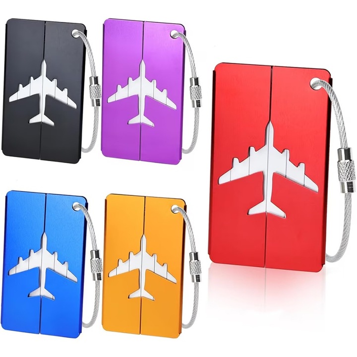 Etichete pentru bagaje, 5 piese, AjieQaQ, Aliaj de aluminiu de inalta calitate, 5 culori, cu foaie impermeabila si card de informatii, cu inel de otel si ID pentru bagaje, 2,95x1,77 inch, rosu/negru/violet/dorat/albastru
