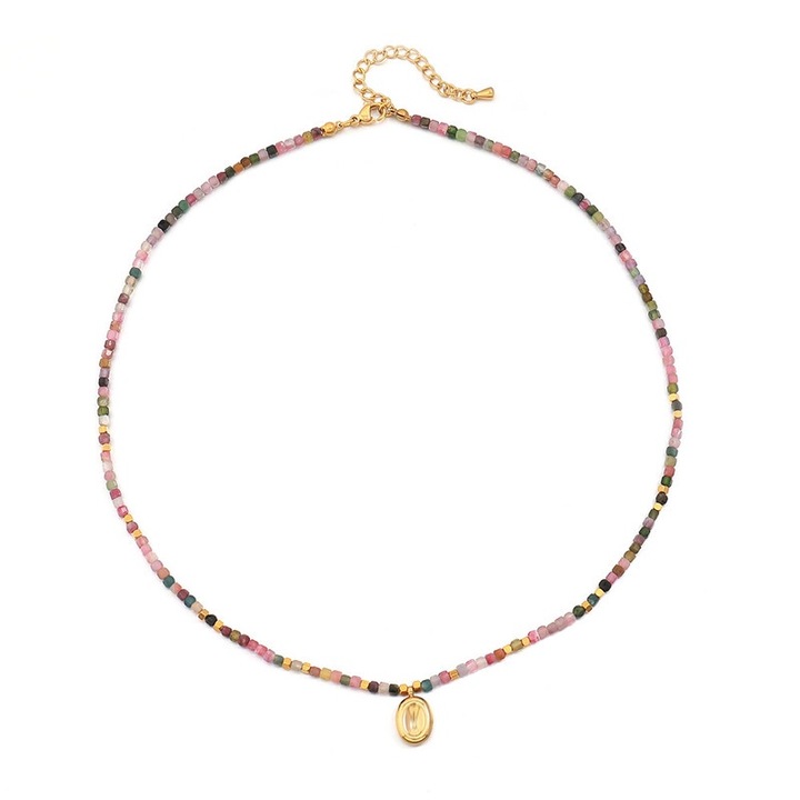 Colier handmade din piatra naturala turmalina cu pandantiv din otel inoxidabil, multicolor, 41cm-50cm, set de margele patrate