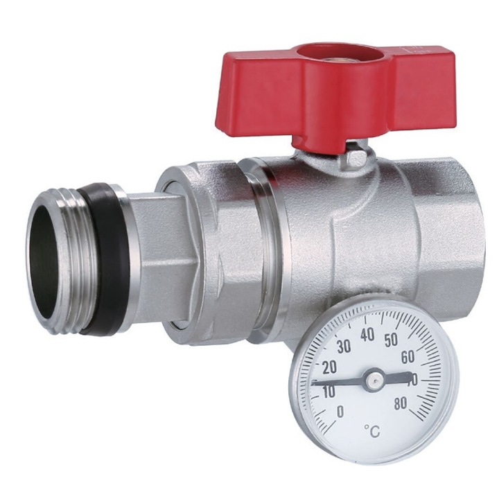 AQUA HEATING Robinet cu bila cu racord filetat si termometru 1” drept alama rosu