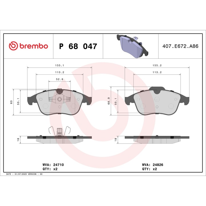 Set placute frana punte fata, Brembo, Prime Line, P 68 047, Clio IV, Laguna, Latitude, Megane CC, Scenic