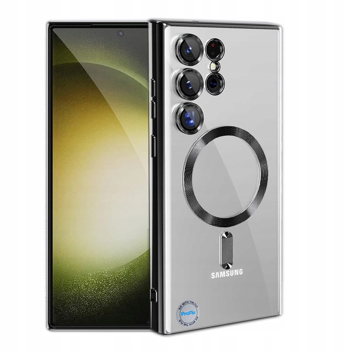 ProFlo tok, Samsung Galaxy S22 Ultra-hoz, kamera védelem, MagSafe kompatibilis, átlátszó fekete