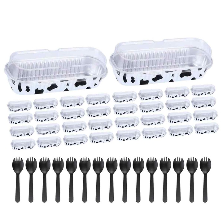 50 db alufólia tálcás készlet fedővel és kanalakkal, 6,5"x2,5"x1,2"