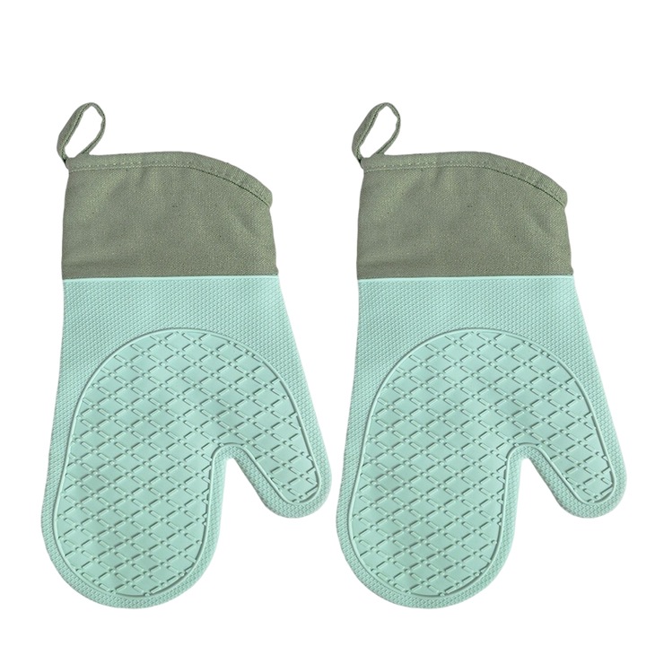 Sütőkesztyű, szilikon, hőálló, vízálló, csúszásmentes, pamuttal bélelt, zöld