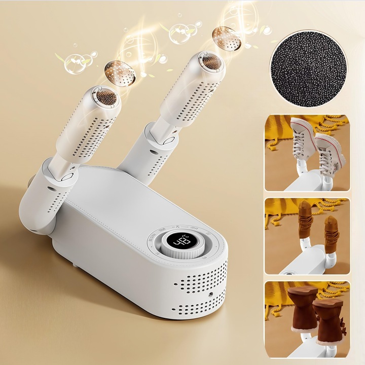 Uscator electric pentru pantofi si sterilizator pentru indepartarea bacteriilor si mirosurilor, display digital, timing intelligent, portabil/pliabil, uscare tridimensionala cu aer cald 360°, pentru pantofi, bocanci, ghete, adidasi, papuci, sosete, manusi