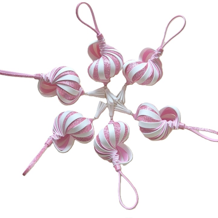 Set 6 globuri spirala, 14 cm, lucrate manual, culoare roz cu alb