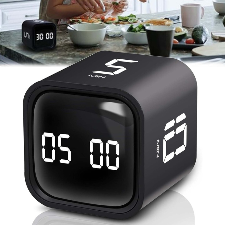 Timer digital rotativ, temporizator pomodoro pentru birou, biblioteca si bucatarie, timer cub pentru ADHD, ajustabil cu vibratii si sunet, 5/10/30/60 minute, incarcare USB, 4.4x4.4x4.4 cm, negru
