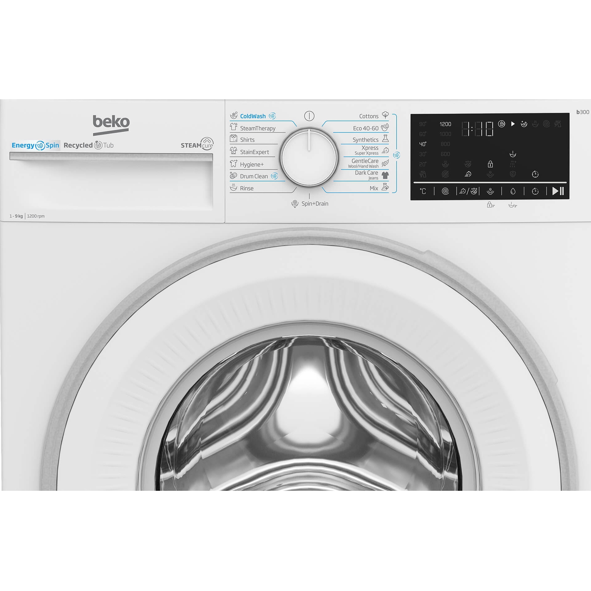 Masina de spalat rufe Beko B3WFU49215WW, 9 kg, 1200 RPM, Clasa A, Motor ProSmart Inverter, Recycled Tub, Hygiene+, SteamCure, AddXtra, Alb