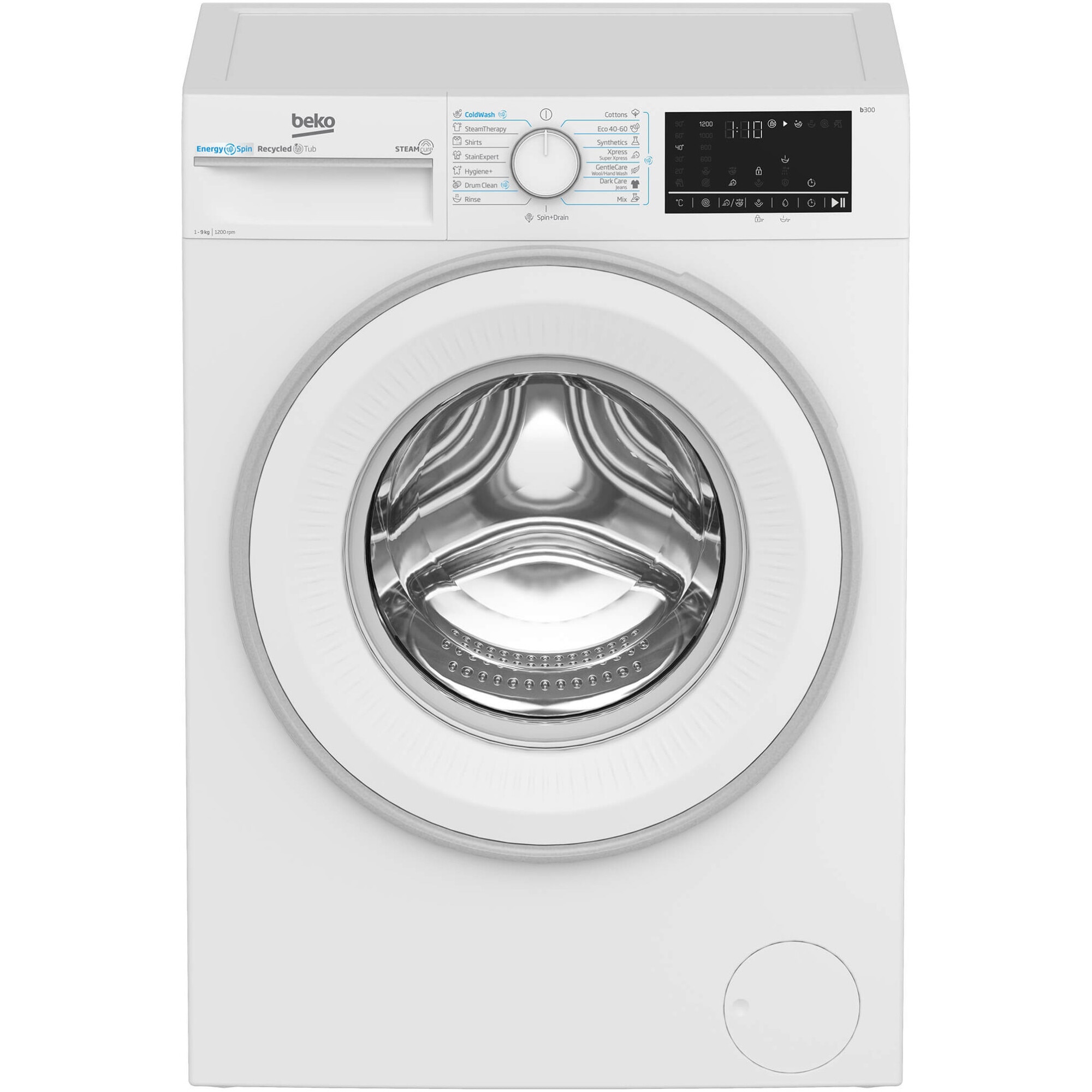 Masina de spalat rufe Beko B3WFU49215WW, 9 kg, 1200 RPM, Clasa A, Motor ProSmart Inverter, Recycled Tub, Hygiene+, SteamCure, AddXtra, Alb