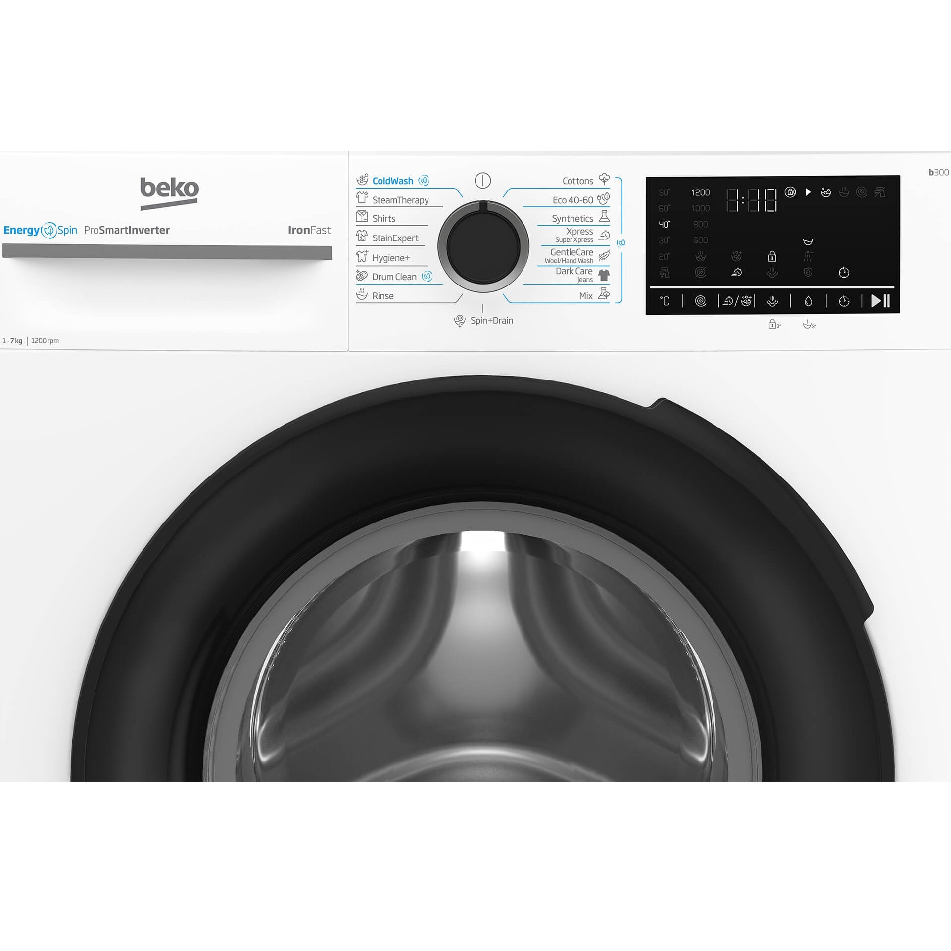 Masina de spalat rufe Beko BM3WFU47215WB, 7 kg, 1200 RPM, Clasa A, Motor ProSmart Inverter, Recycled Tub, Hygiene+, SteamCure, AddXtra, Alb