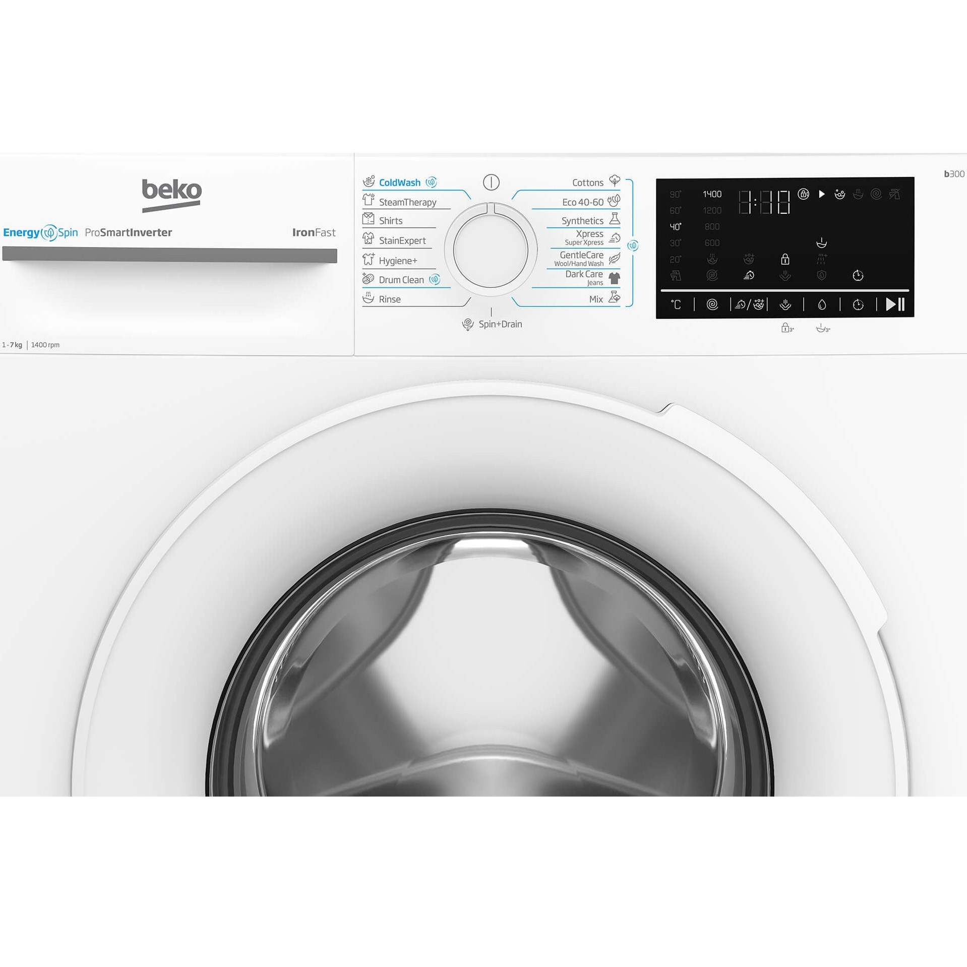Masina de spalat rufe Beko BM3WFU47415WW, 7 kg, 1400 RPM, Clasa A, Motor ProSmart Inverter, Recycled Tub, Hygiene+, SteamCure, AddXtra, Alb