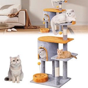 Ansamblu de joaca pentru pisici, tip ansamblu turn, cu bila suspendata, stalpi din fibra rezistenta din sisal pentru zgariat, 3 platforme de observatie, 1 casuta, foarte stabil si structura atractiva, captuseala extra moale, 50x40x100 cm, gri/portocaliu