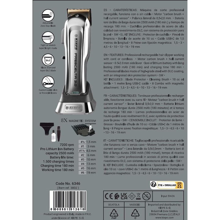 Masina de tuns fara fir, Kiepe Prescelta 3.0, 7200 rpm, Pro Lithium Ion Battery