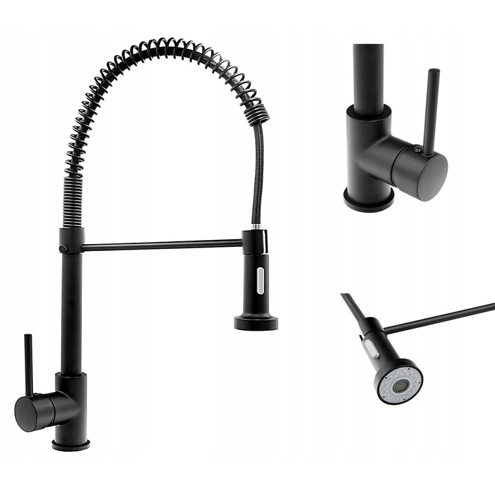 Смесител за кухня, Гранитан, Спирала, месинг, керамичен патрон, чушка с 2 функции, 53.5 см, Черен