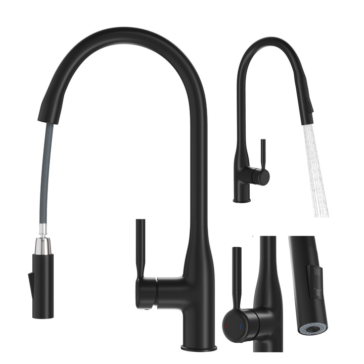 Смесител за кухня Granitan, Fossa, въртящ се чучур, керамичен патрон, 2-функционален пипер, 44 см, черен