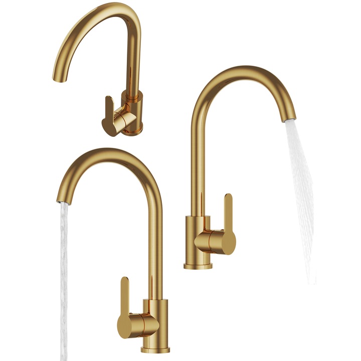 Смесител за кухня, Гранитан, Prestige plus, въртящ се чучур, керамичен патрон, заоблен, 32.5 см, злато