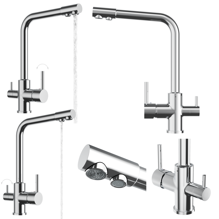 Смесител за кухня, Гранитан, Проточен, трипътен, керамичен патрон, въртящ се чучур, за филтър за вода, 33 см, Хром
