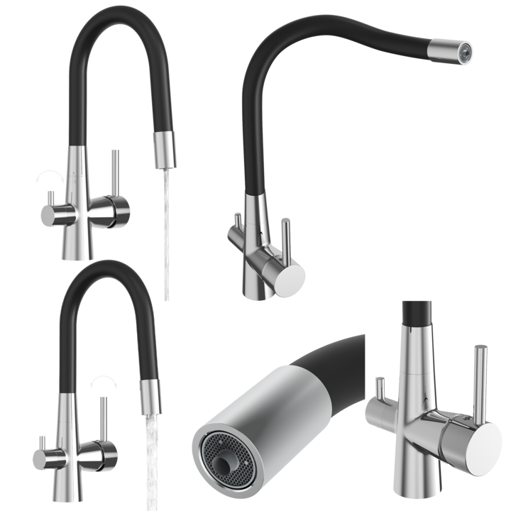 Смесител за кухня Granitan, флуо, трипътен, керамичен патрон, гъвкав, за филтър за вода, 34.5 см, хром