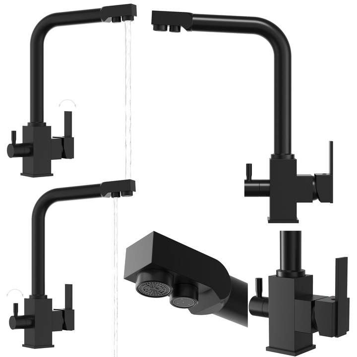 Кухненски смесител, Granitan, Nook, трипътен, керамичен патрон, месинг, за филтър за вода, 31 см, Черен