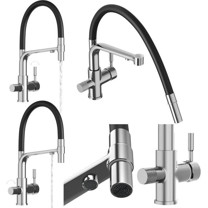 Кухненски смесител, Granitan, Vegas, трипътен, керамичен патрон, месинг, за филтър за вода, 41 см, Черен/Сребрист