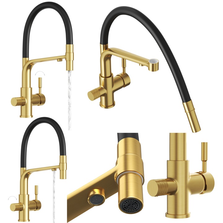 Кухненски кран, Гранитан, Vegas, трипътен, керамичен патрон, месинг, за филтър за вода, 41 см, Черен/Златен