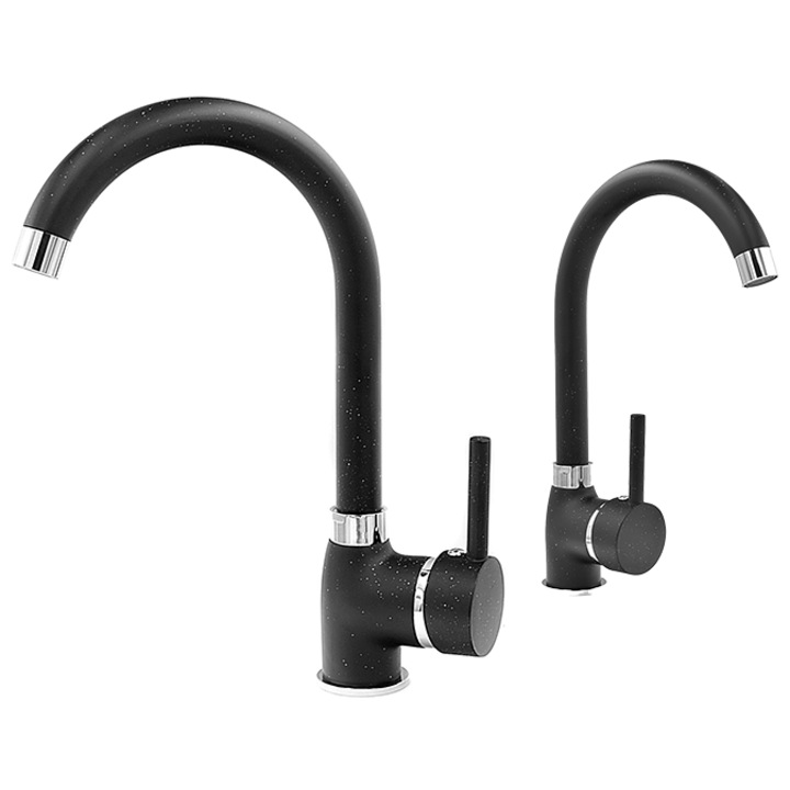 Смесител за кухня, Granitan, Beta, едноръкохватков, керамичен патрон, въртящ се чучур, 30 см, черен на петна