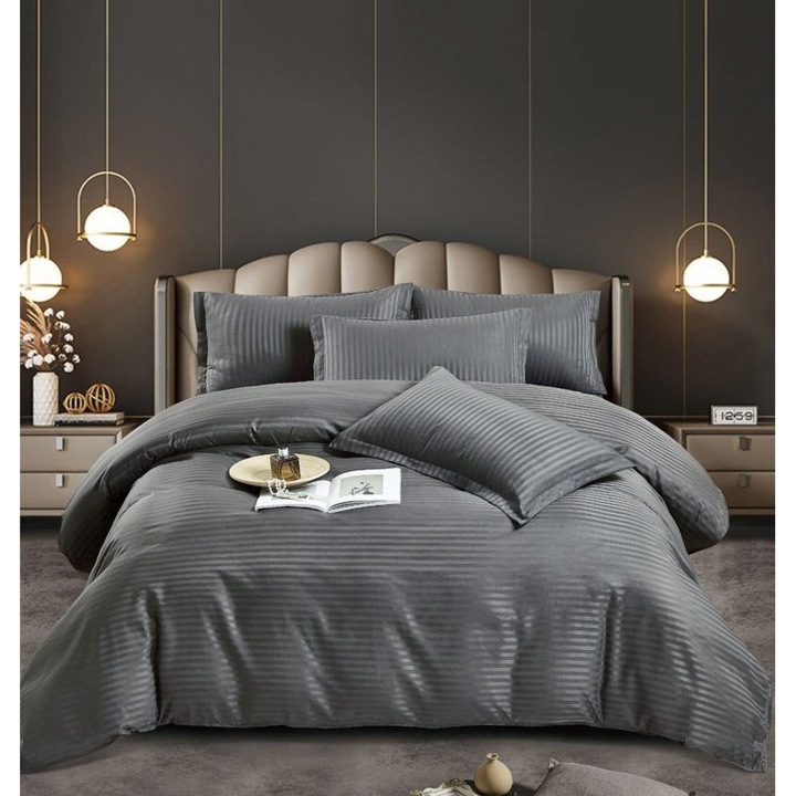 Lenjerie de pat Damasc – 6 piese, cearceaf cu elastic 180x200, Gri Inchis