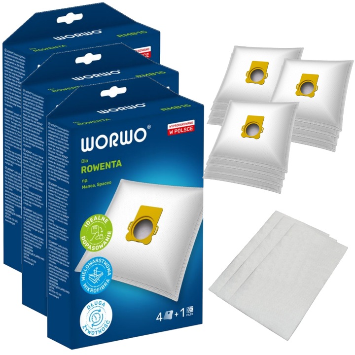 Set de 12 saci de aspirare si 3 filtre, Worwo RMB15K, Compatibil cu ROWENTA