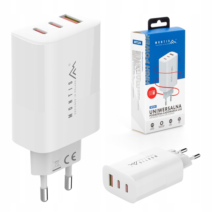 Incarcator laptop MONTIS MT124, 65W, 3 porturi USB (1x A, 2x C), alb