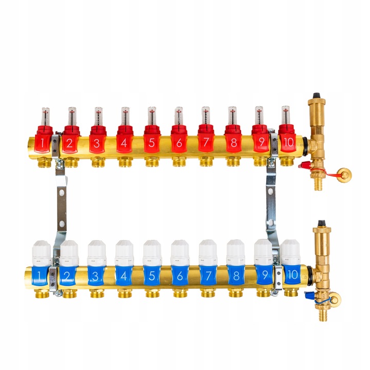 Colector pentru incalzire prin pardoseala Diamond, 10 sectiuni, alama, 504x310mm, set complet