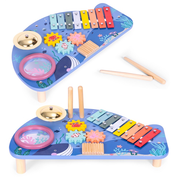 Masa de muzica cu instrumente, ECOTOYS, 4 instrumente, design balena, 42,5x23,5x6cm