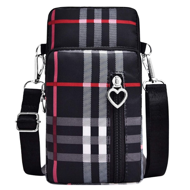 Geanta dama Edibazzar, crossbody, neagra cu carouri, material sintetic/nailon, dimensiuni 10x19x5cm