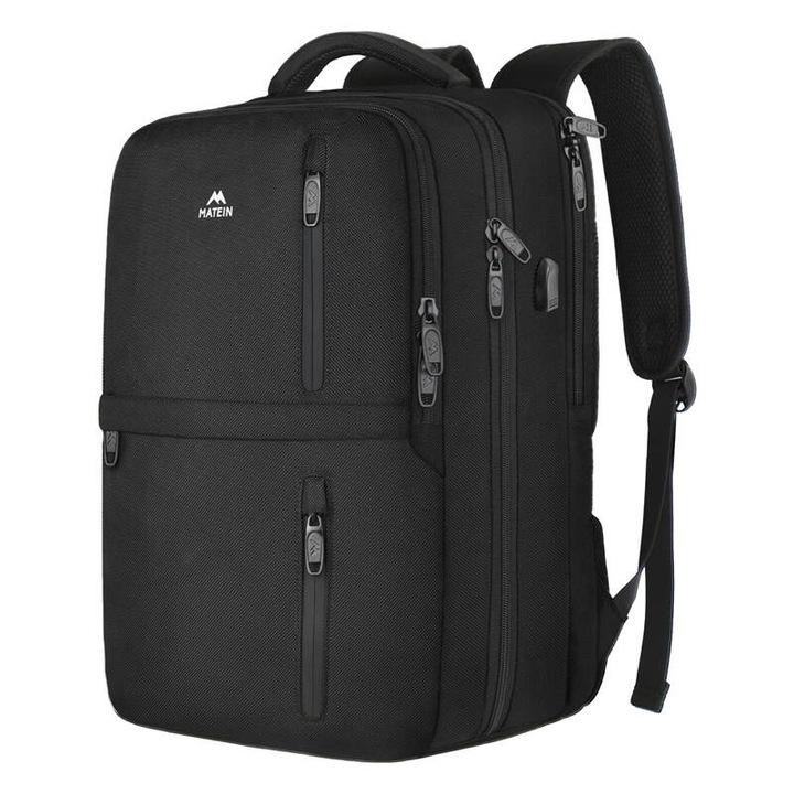 17'' laptop hátizsák, Matein 1197, fekete, 35L, cipőrekesszel, USB porttal, poliészter