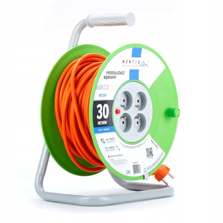 Барабан, Montis, 4 х контакта, 230 V, IP20, 30 м, Бял/Зелен/Оранжев