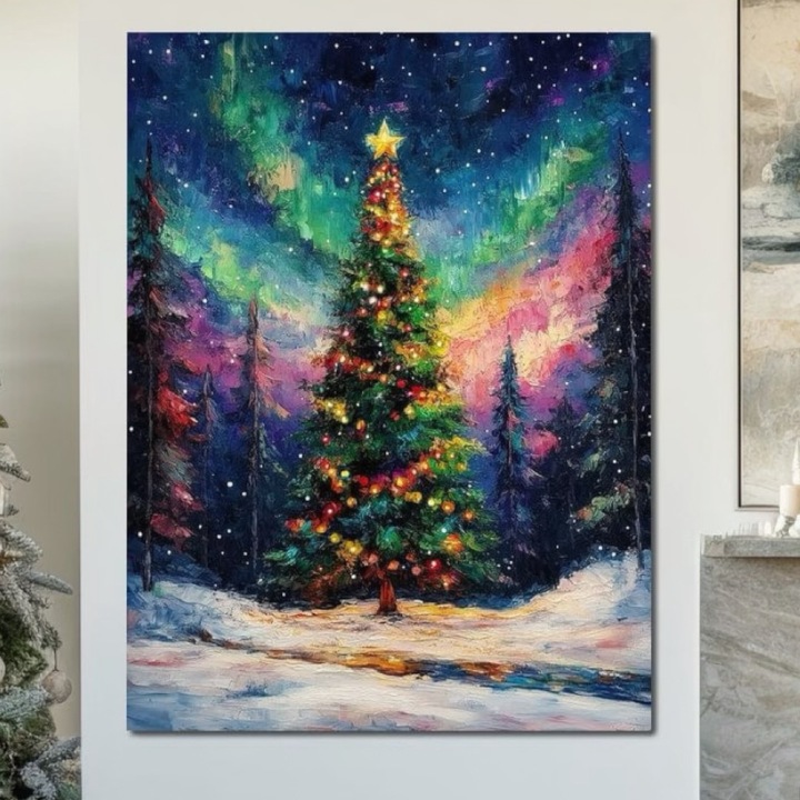 Премиум картина върху платно, LuxCanva® D1052, Северно сияние и магията на елата, 100 X 135 см, 100% памучно платно 400 г/м2, дървена рамка, Северно сияние, Коледа, Светлини, Гора, Инсталация, Хол, Ярки цветове