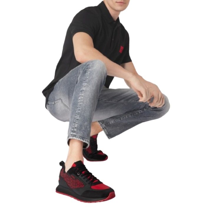 Pantofi sport barbati, HUGO, Icelin Run Nypual, Sintetic, Negru/Rosu, 43