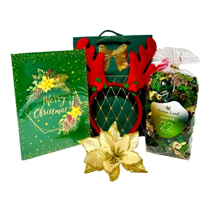 Pachet Secret Santa cu bentita pentru Craciun cu coarne de ren, felicitare muzicala, Craciunita decorativa si flori uscate parfumate, in punga cu tematica Velve