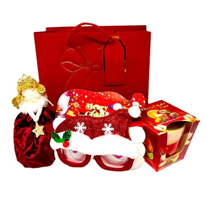Pachet Secret Santa cu ornament ingeras, lumanare parfumata de sezon si ochelari tematici haiosi, in punga cadou, Velve