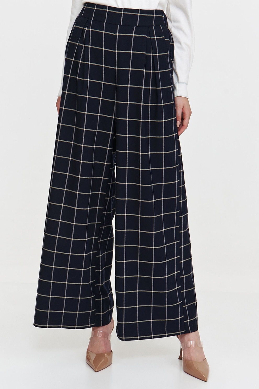 Top Secret, Pantaloni cu croiala ampla su model in carouri, Alb murdar, Bleumarin, 34