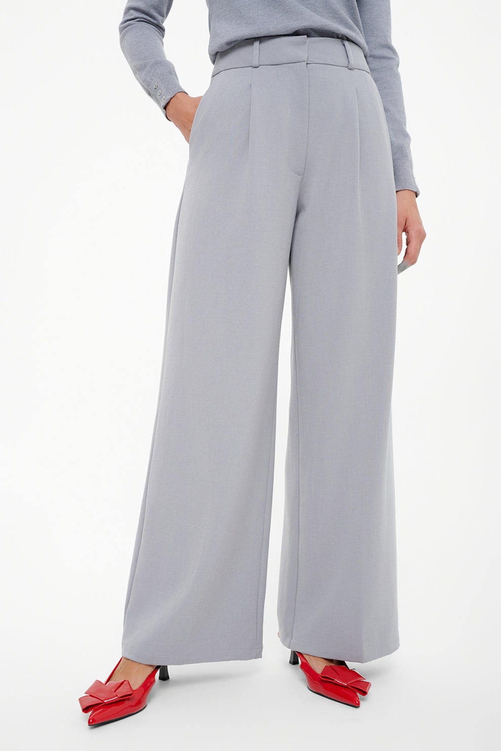 GreenPoint, Pantaloni cu croiala ampla si talie inalta, Gri deschis, 42