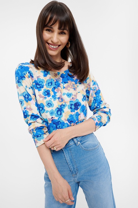 GreenPoint, Pulover cu model si decolteu rotund, Albastru royal/Alb optic