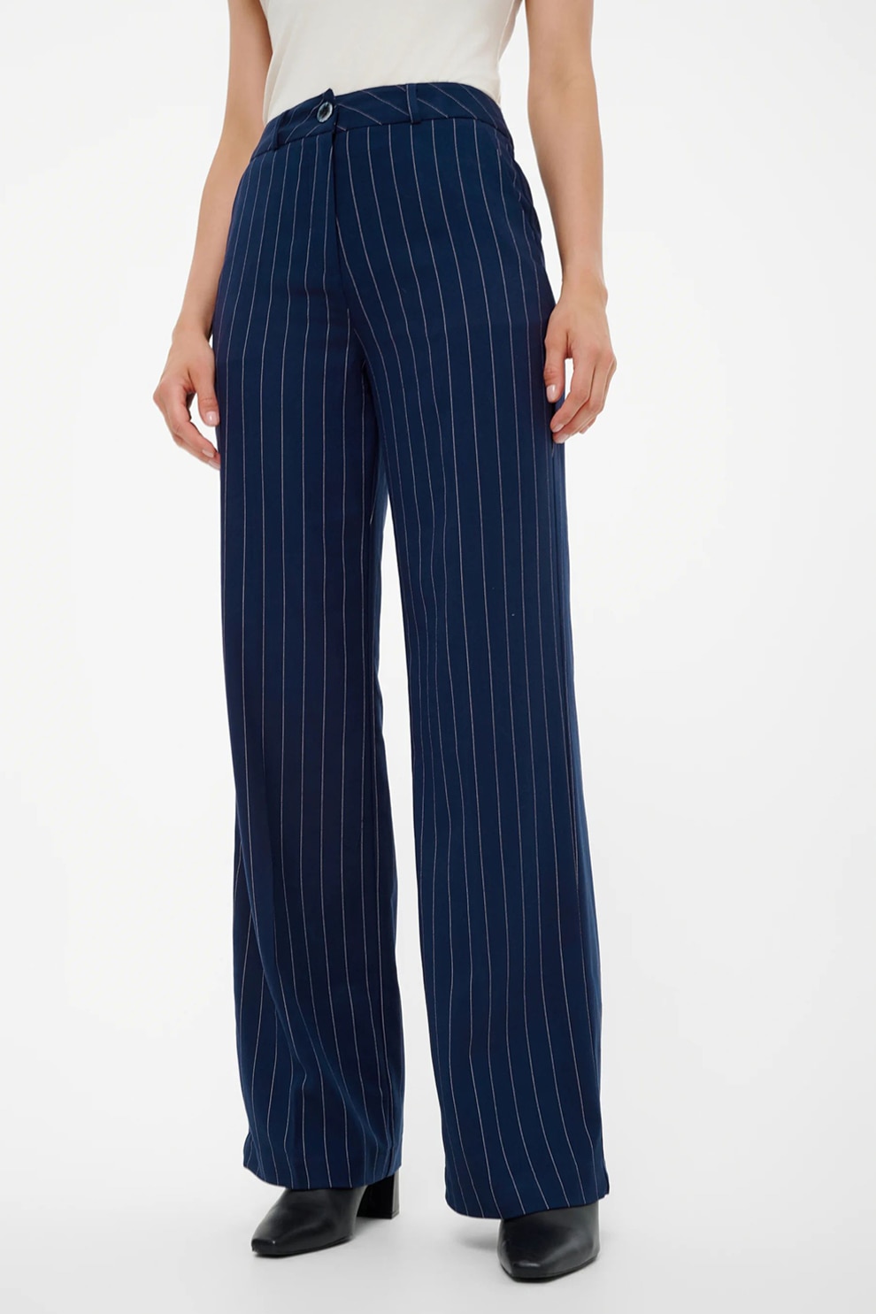 GreenPoint, Pantaloni cu dungi si talie inalta, Bleumarin, 40