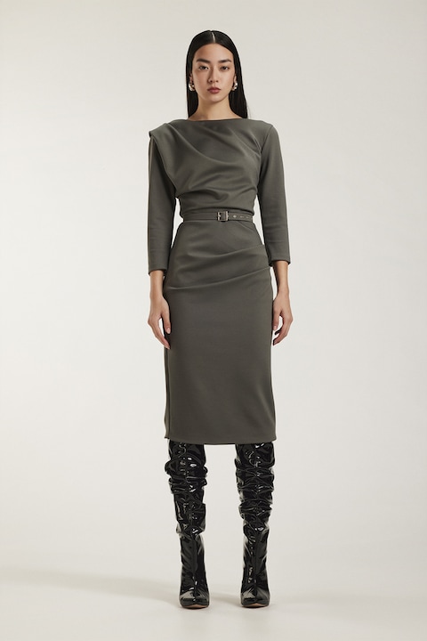 Alina Cernatescu, Rochie midi cu drapaj, Gri inchis