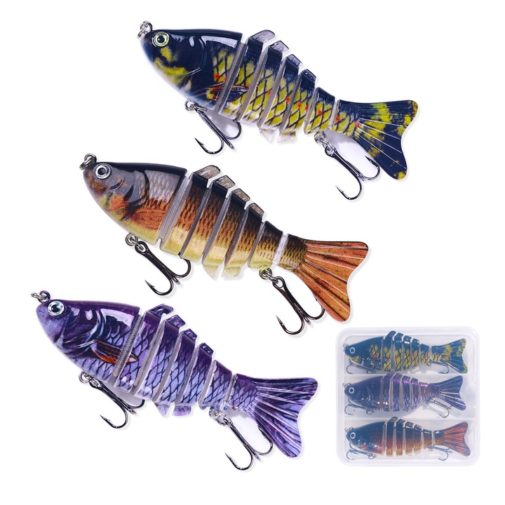 Set 3 Momeli Artificiale cu Carlige, SINBINTA, Carlig intarit, Miscare realista, Universal in toate apele, Usor de manevrat, Potrivit pentru prinderea de bas, biban galben, pastrav si somon, Plastice, 9.7cm, Violet