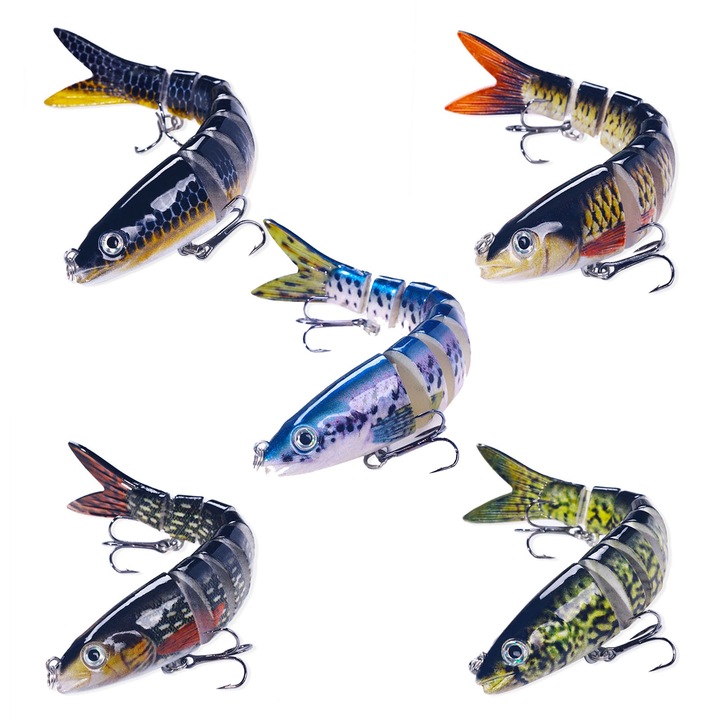 Set 5 Momeli Artificiale cu Carlige, SINBINTA, Carlig intarit, Miscare realista, Universal in toate apele, Usor de manevrat, Potrivit pentru prinderea de bas, biban galben, pastrav si somon, Plastice, 13.4cm, Albastru